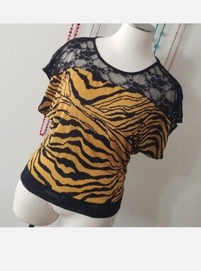 Banabee Tiger Stripe Lace Illusion Neckline Blouse 3X